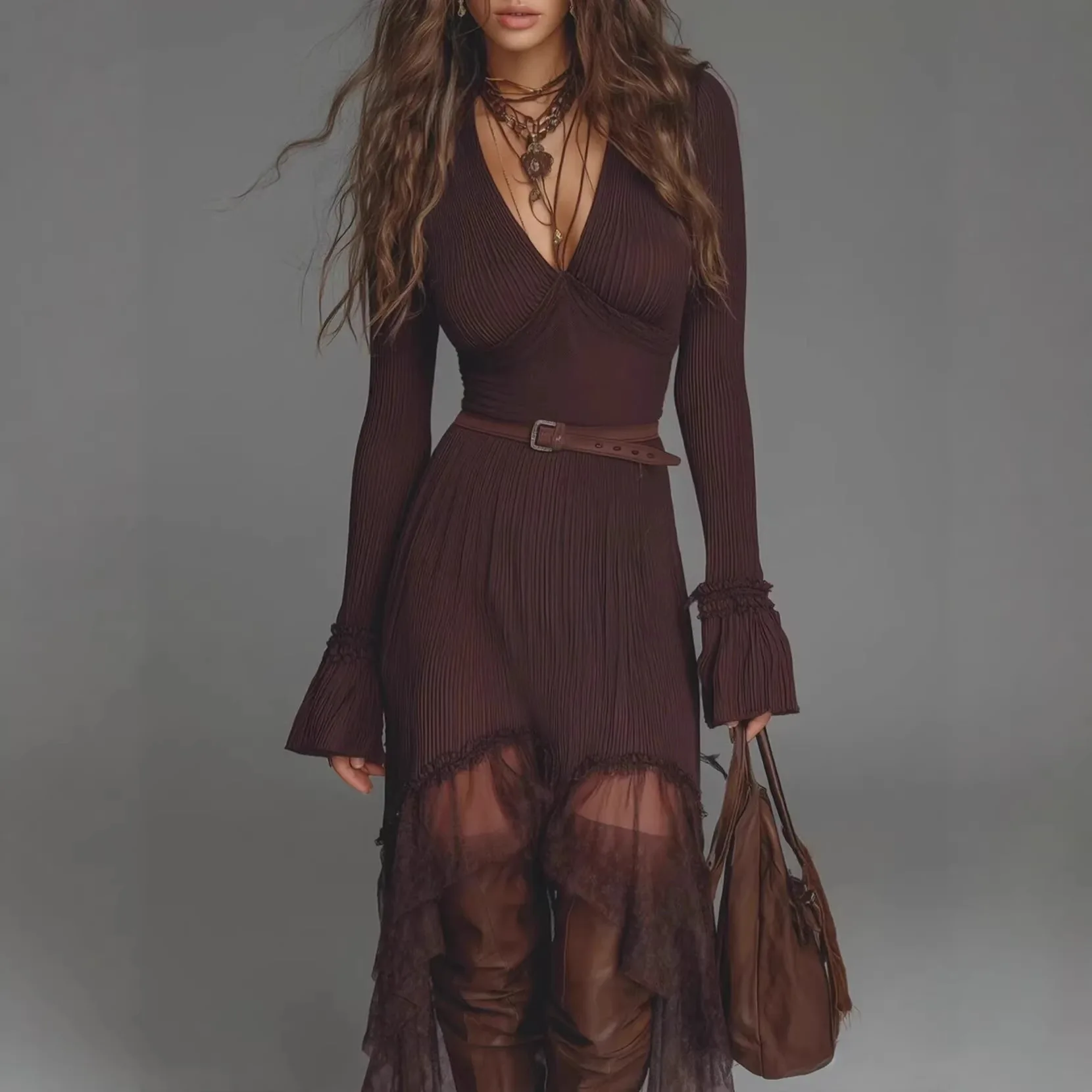 

Женское платье 2026 года в стиле пэчворк с V-образным вырезом, длинными рукавами, однотонное, с сетчатой юбкой и поясом