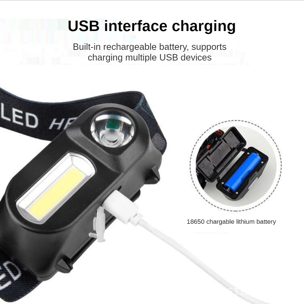 Drop Shipping Portable LED Headlamp USB Rechargeable XPE+COB  Mini Camping Head Lamp Fishing Headlight Flashlight Torch