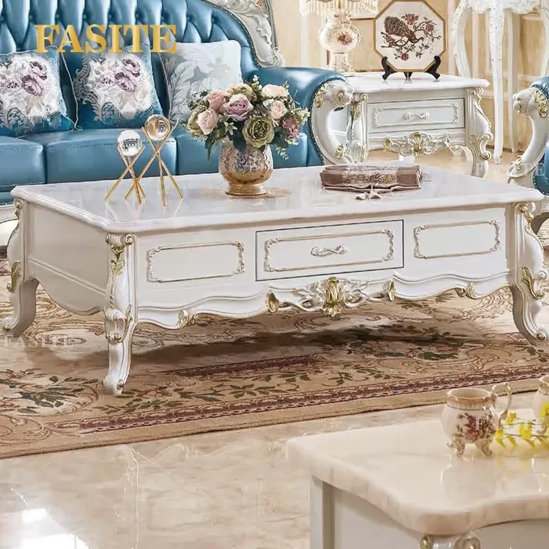 For European Luxury Living Room French Classic Carved Wooden Frame Center Console Tea Table 1 2 Door Square Coffee Table