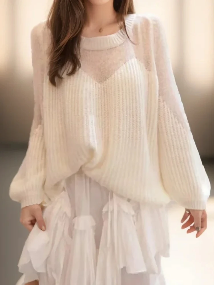 

New Solid Color Long-sleeved Hollow-knit Sweater Elegant Loose Lantern-sleeved Pullovers Shirt