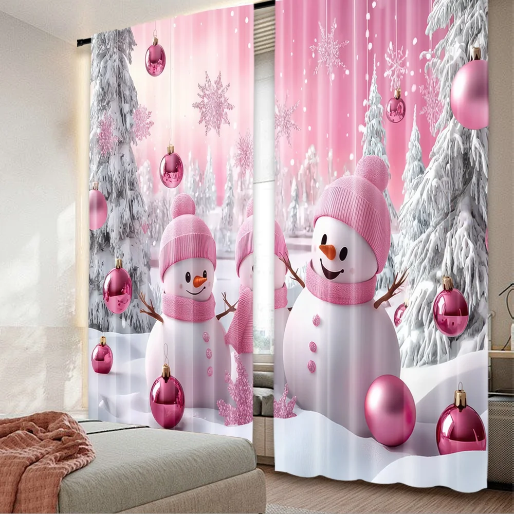 2 Stück 2D-Flachdruck Weihnachten Hot Party Vorhänge Pink Frosty Friends Digital bedruckte Polyester-Vorhänge Partydekorationen Verwendung