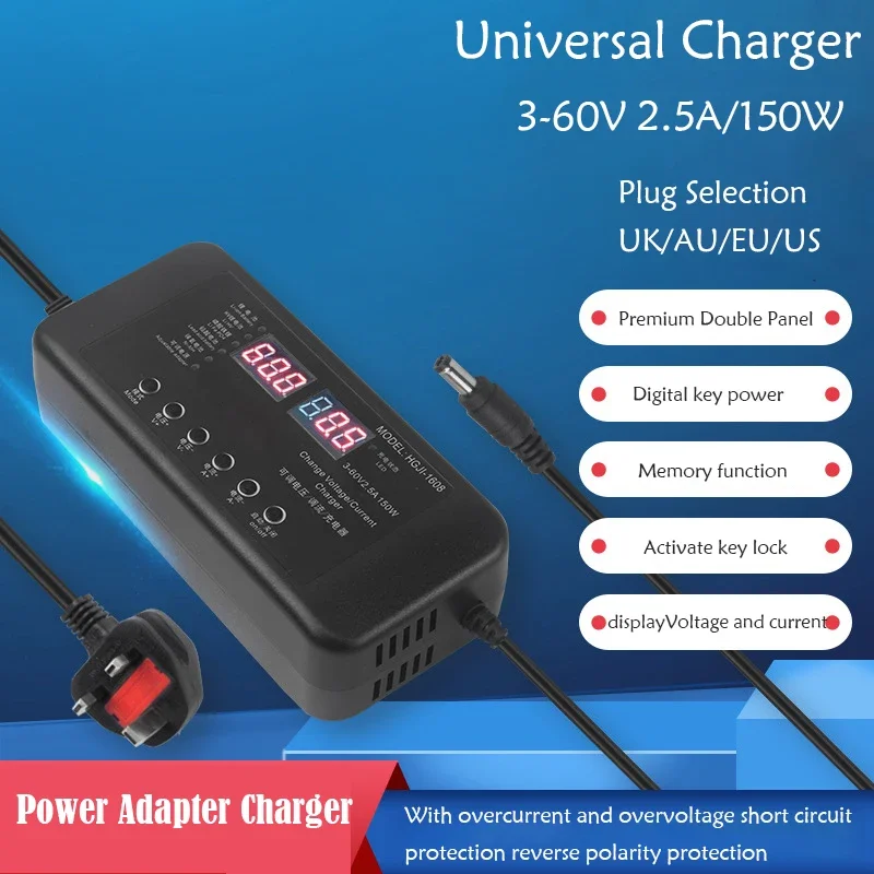 Adjustable Power Adapter Charger 3V-60V 150W With Display Screen Chargers 2.8V 14V 28V 36V 48V 56V 60V Li-ion battery Charge