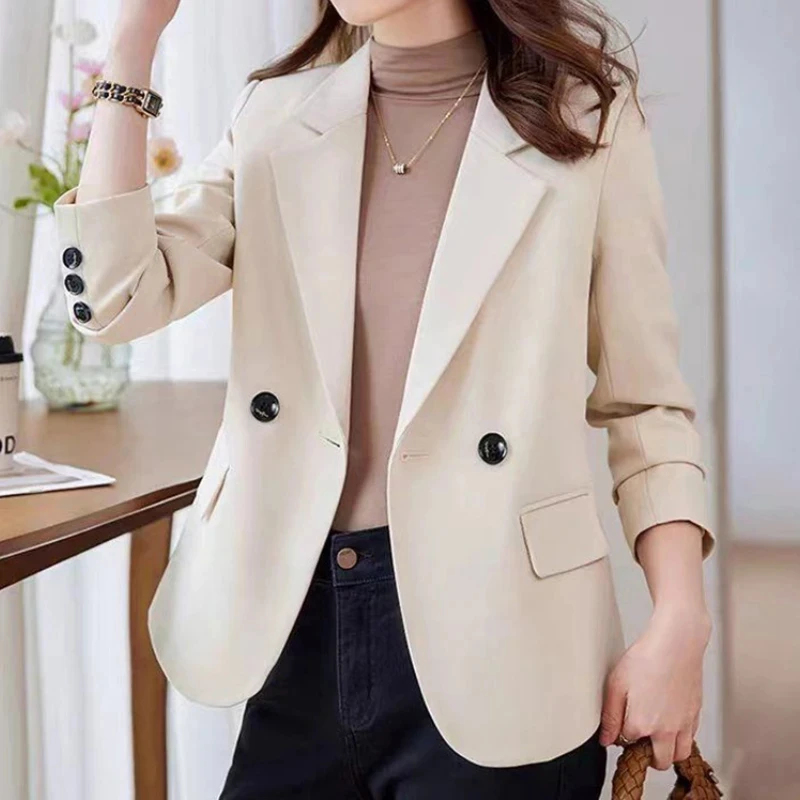 

Fashion Loose Turn-Down Collar Blazer Women Korean Long Sleeve Jacket Women Autumn Double-Buckle Office Lady Black Coats
