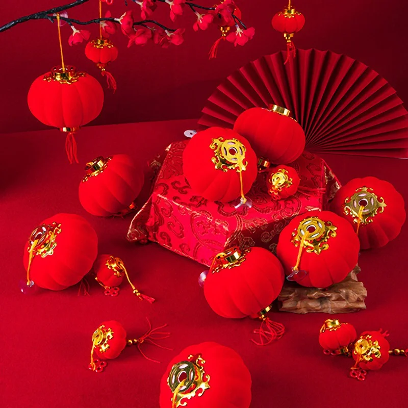 Minilinternas Rojas flocadas de 30 piezas, Linterna china de Año Nuevo para Festival, decoración de fiesta de boda, adornos colgantes con diseño de escena