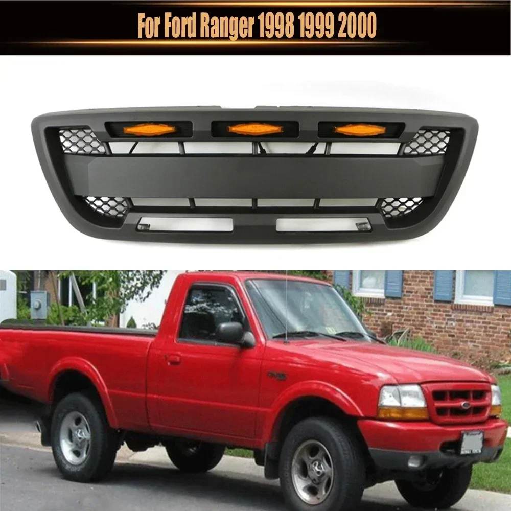 

For Ford Ranger 1998-2000 Car Modified ABS Front Bumper Mask Grille Racing Grill with LED Lights Auto Exterior Parts Black