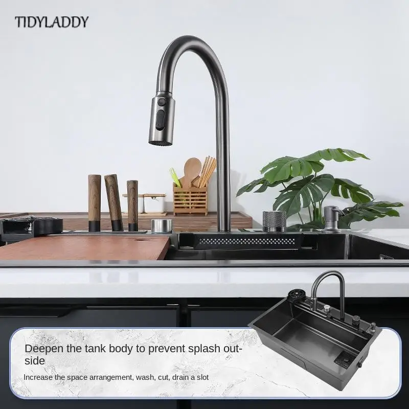 Kitchen Sink Stainless Steel Waterfall Kitchen Sink Large Single Bowl With Multifunction Waterfall Faucet Kitchen Accessories