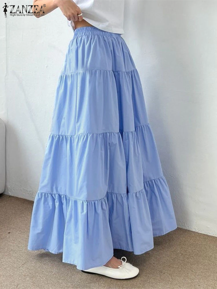 ZANZEA-Saia Maxi Longa de Cintura Alta Feminina, Bainha Elegante de Ruffles, Trabalho, Linha A, Feriado Elegante, Festa, Outono