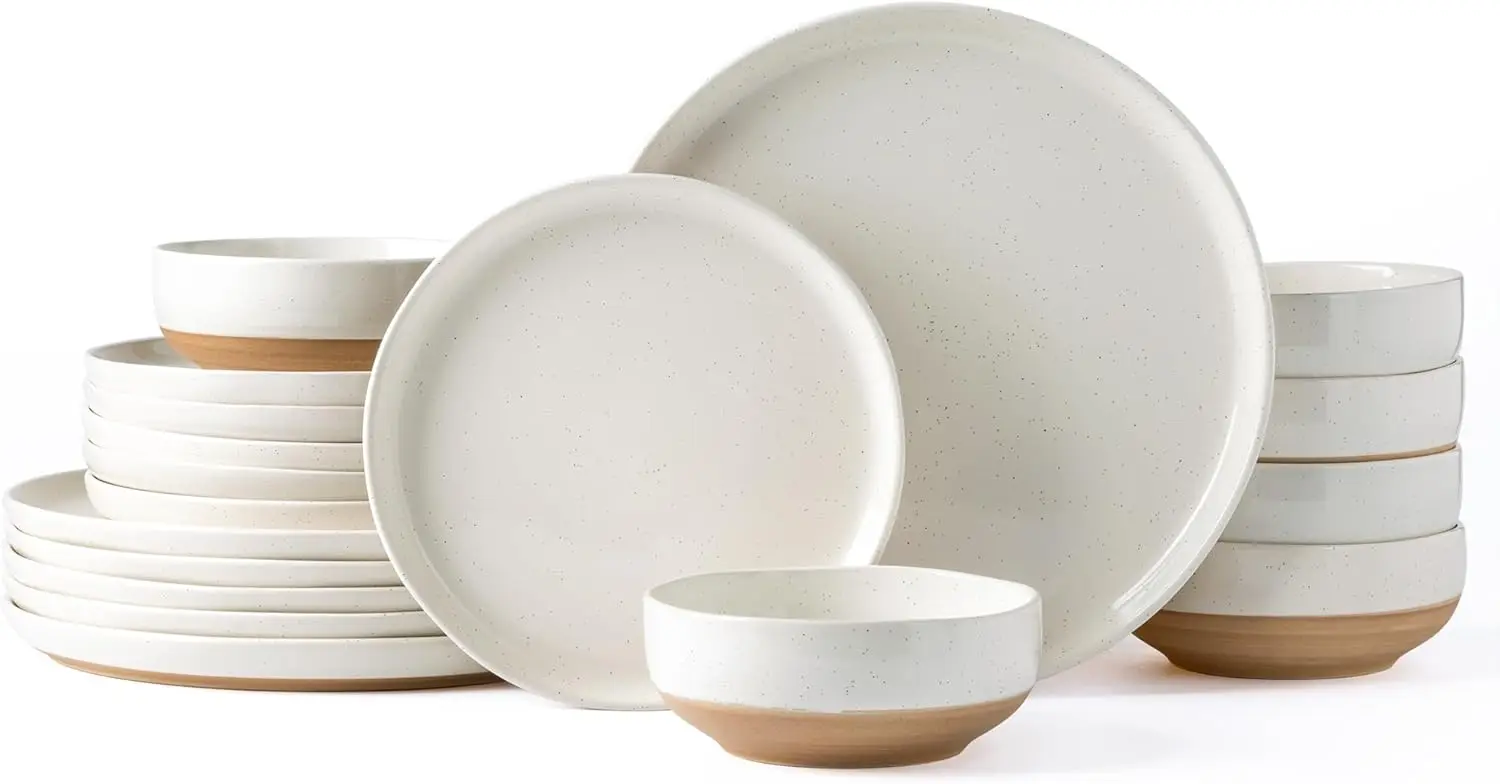 

Ceramic Dinnerware Sets for 6, 18 Pieces Handpainted Plates and Bowls Set with Rustic Terracotta Underside, Scratch Resistant St
