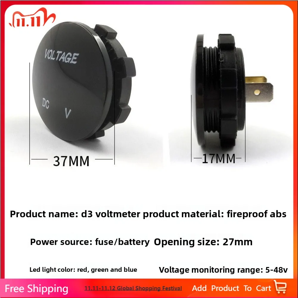 

Waterproof round Voltmeter D3 DC 5-48V Digital Display Car Battery Voltage Measurement Gauge for Vehicle Mount