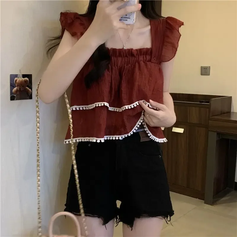 

Tiered Blouses Women Lovely Summer Age-reducing Casual Flying Sleeve Fashion Korean Style Aesthetic Gentle All-match New Loose