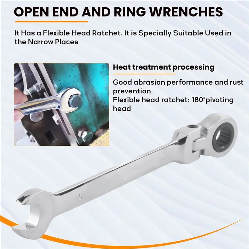 KYCOR-1PC Flexible Head Ratchet Metric Spanner Open End And Ring Wrenches Tool 10Mm