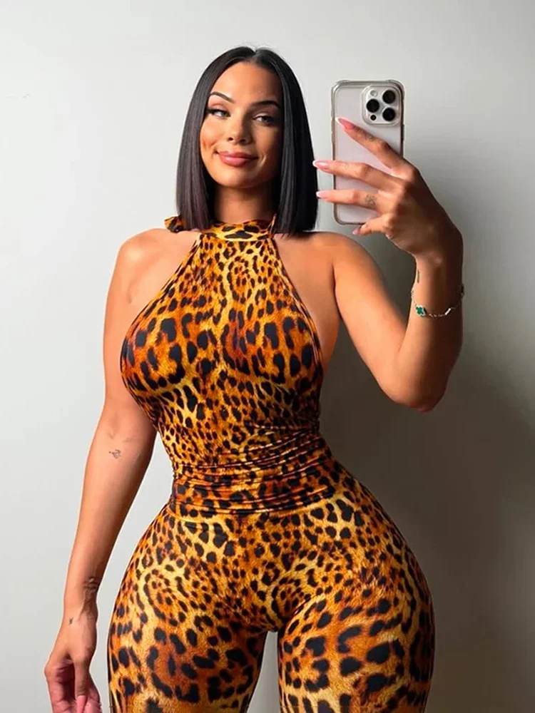 

Laxsesu Backless Romper Women Halter Bandage Leopard Print Fit Tight Stretch Summer Sexy Hipster Activity Workout Playsuits