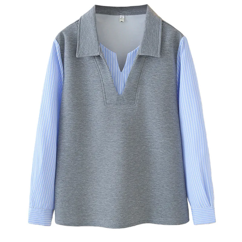 

XXXXL Fashion Plus Size Woman Clothing Spring 2026 Fake two-piece Hoodies Long Sleeved Striped Casual V-neck Sweatshirt 2605