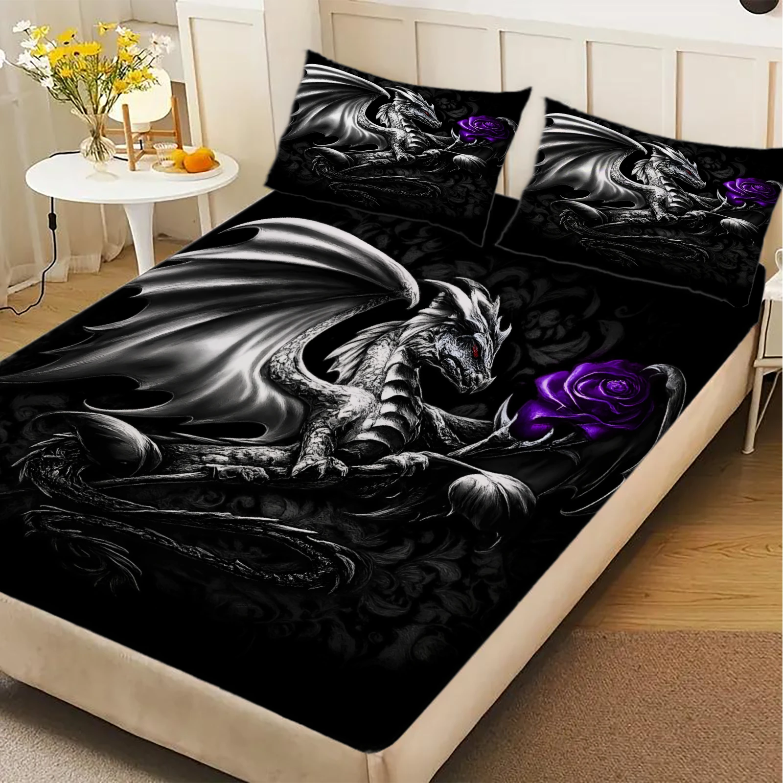 

Black Dragon Purple Flower 3D Print Fitted Sheet Set 100% Polyester Mattress Covers Breathable Bedding Set With 2 Pillowcases