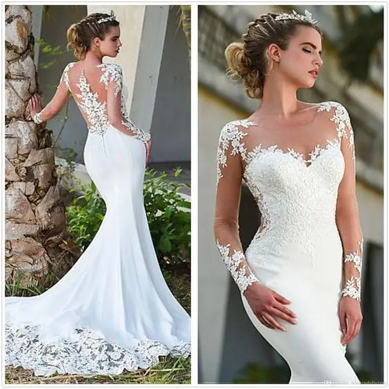 Laço sereia vestidos de casamento scoop-neck mangas completas zíper sheer voltar vintage cetim marfim branco 2020 noiva robe mariee dentelle