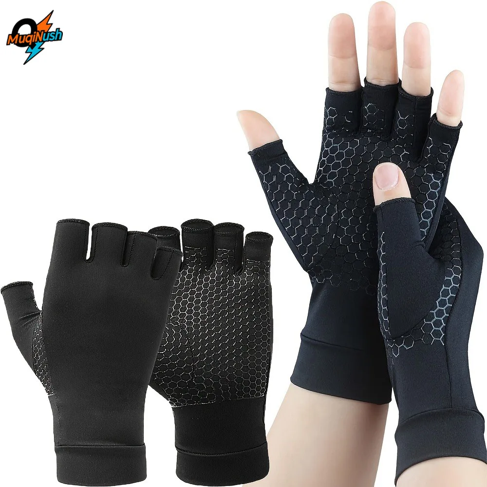 

MuqiNush 1 Pair Copper Fiber Compression Gloves-Half-Finger Pressure Support Handfor Typing Sports Gym Running Black Men Women