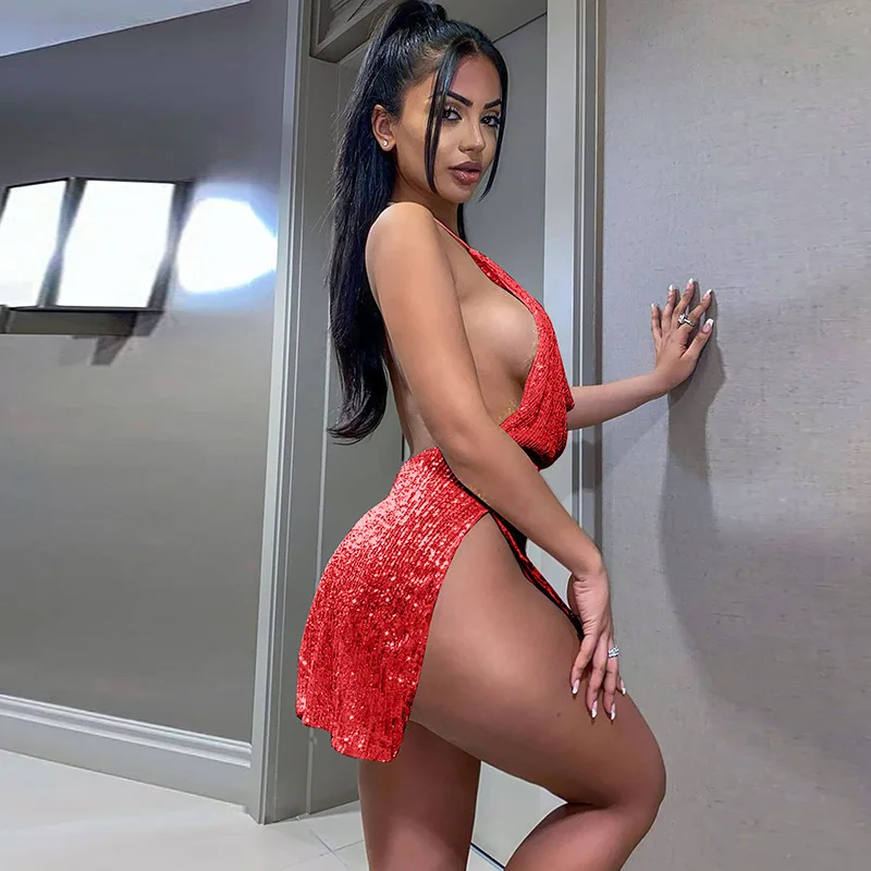 Women's Sexy Backless Hollow Out Halter Neck Bodycon Short Dress Deep V Evening Party Sleeveless Backless Club Mini Dress Women