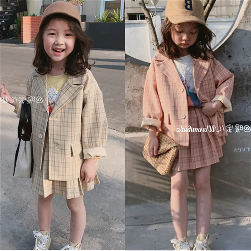 

Fashion Kids Suits Girls Princess Outwear+Skirt 2pcs Clothes Set Spring Autumn Children Plaid Blazer Coat Vintage Outfits Su