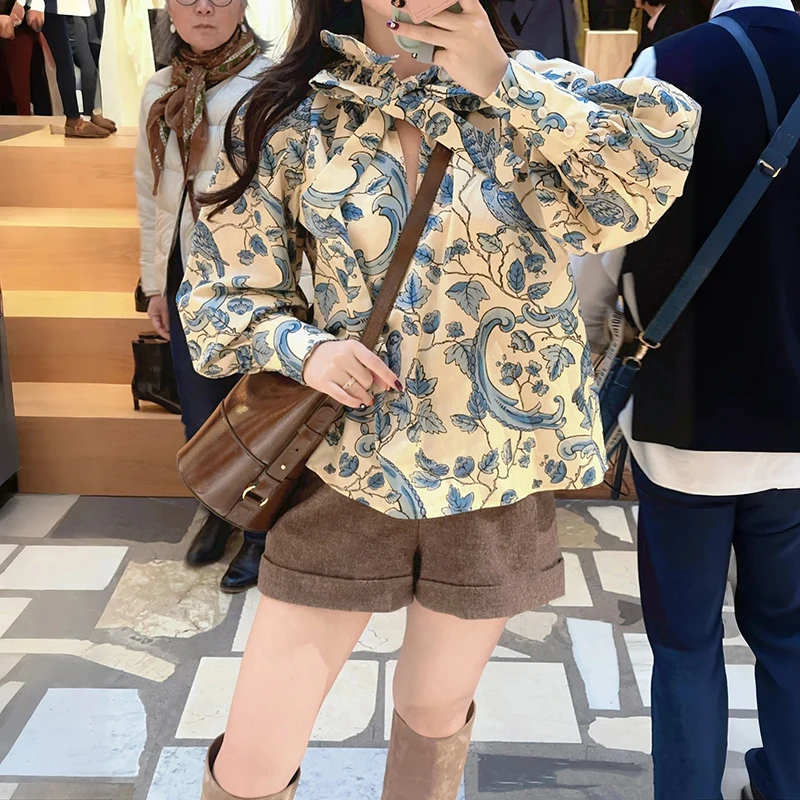 

Женская свободная блузка с длинным рукавом из смесового хлопка с ретро-принтом, дышащая, комфортная, весна 2026