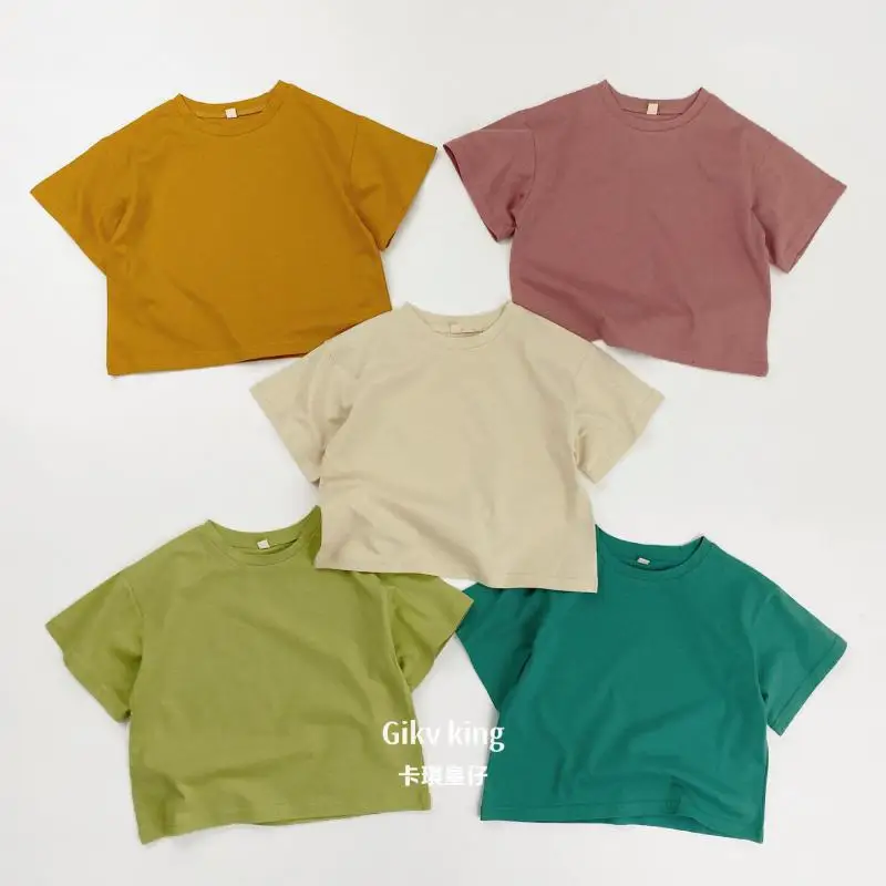 

2026 Summer New Children Short Sleeve T Shirts Solid Versatile Boys Casual Tee Baby Girls Cotton Loose Tops Kids Clothes