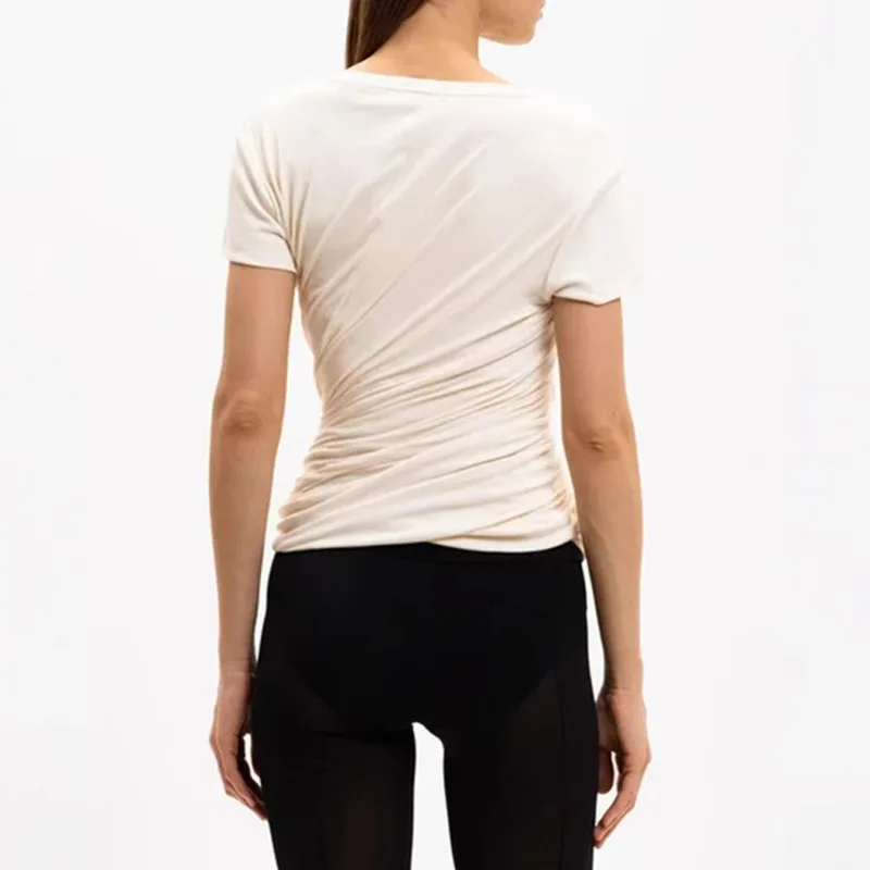 ANJY Summer New Women Elegant Fashion Pleated Short Sleeve T-shirt Niche Design Versatile Solid Color Casual Trendy Tops A22203