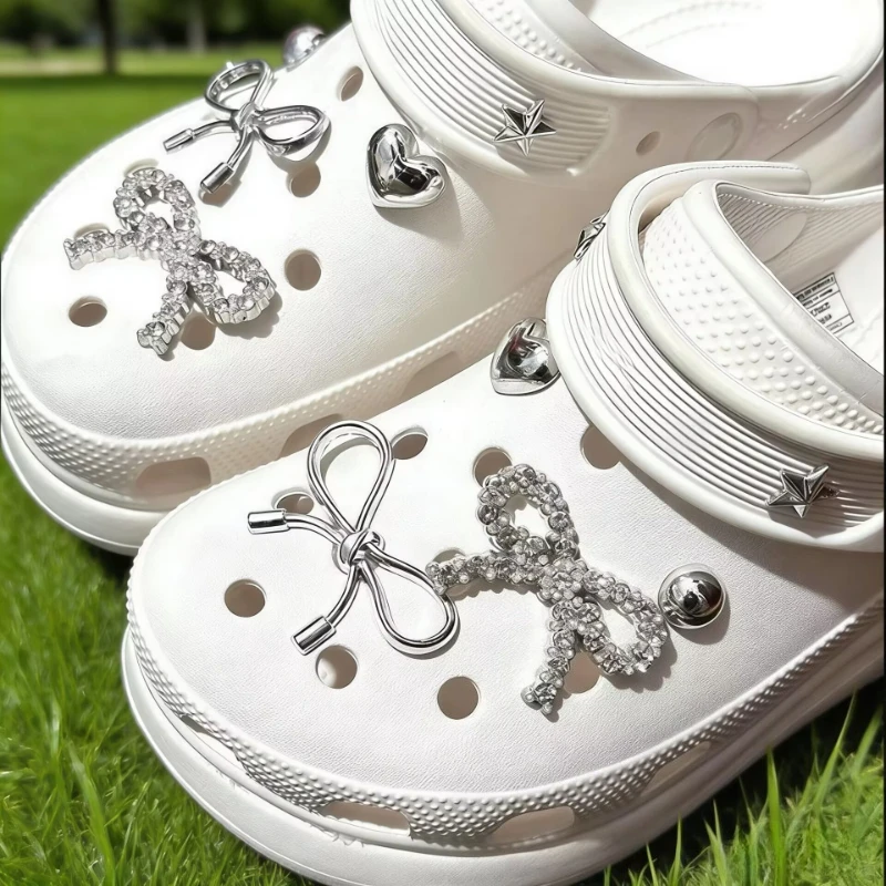 12Pcs Electroplated Silver Bow Tie Shoe Charms with DIY Hole for Girls Garden Shoe Decorations Designer Accessory Pack