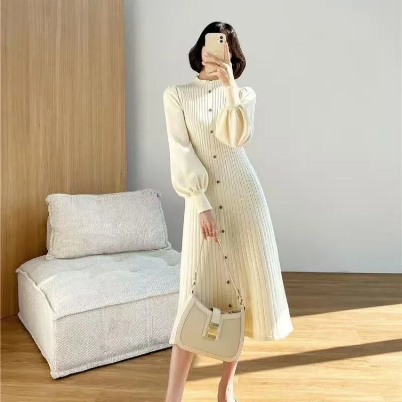 

Французское платье-свитер с пальто, юбка, осень-зима 2022, облегающее внутри, средней длины, однотонное, с рукавами-фонариками, женское трикотажное платье