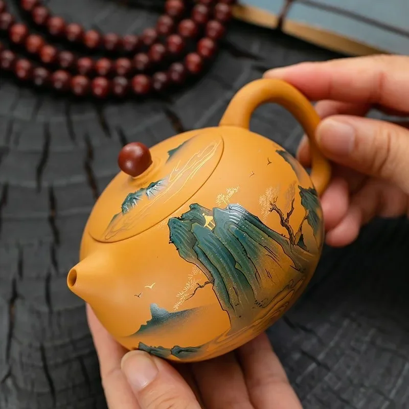 Purple Clay Teapot with Phoenix Chirping Depicting Golden Dragons and Phoenixes Presenting Auspiciousness and Changing Colors