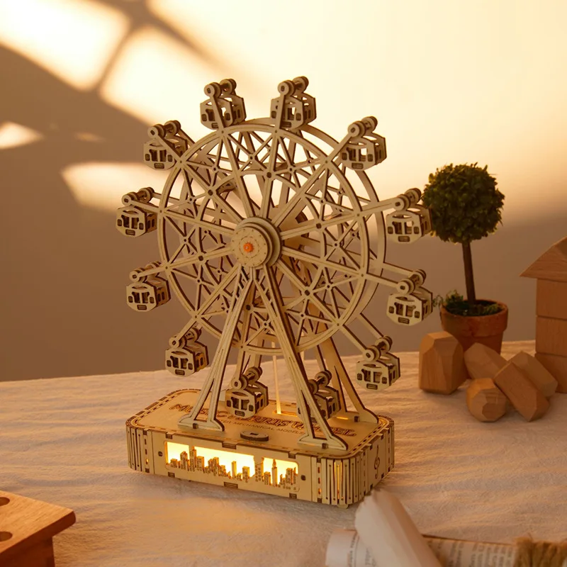 Ferris Wheel Lighting Music Box DIY Wooden Building Blocks 3d Puzzle Mechanical Model Difficult Assembly Music Box Children Gift