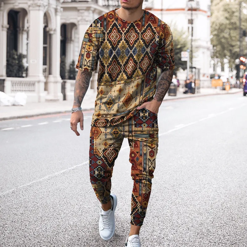 Dashiki de África para hombre, 3D Camiseta con estampado, pantalones, chándal, conjunto de 2 piezas, ropa de calle de gran tamaño, ropa deportiva