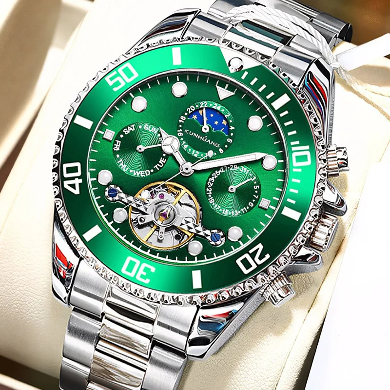 

KunHuang Original Men's Automatic Mechanical Moon Phase Watch Stainless Steel Case Skeleton Waterproof Sport Wristwatch