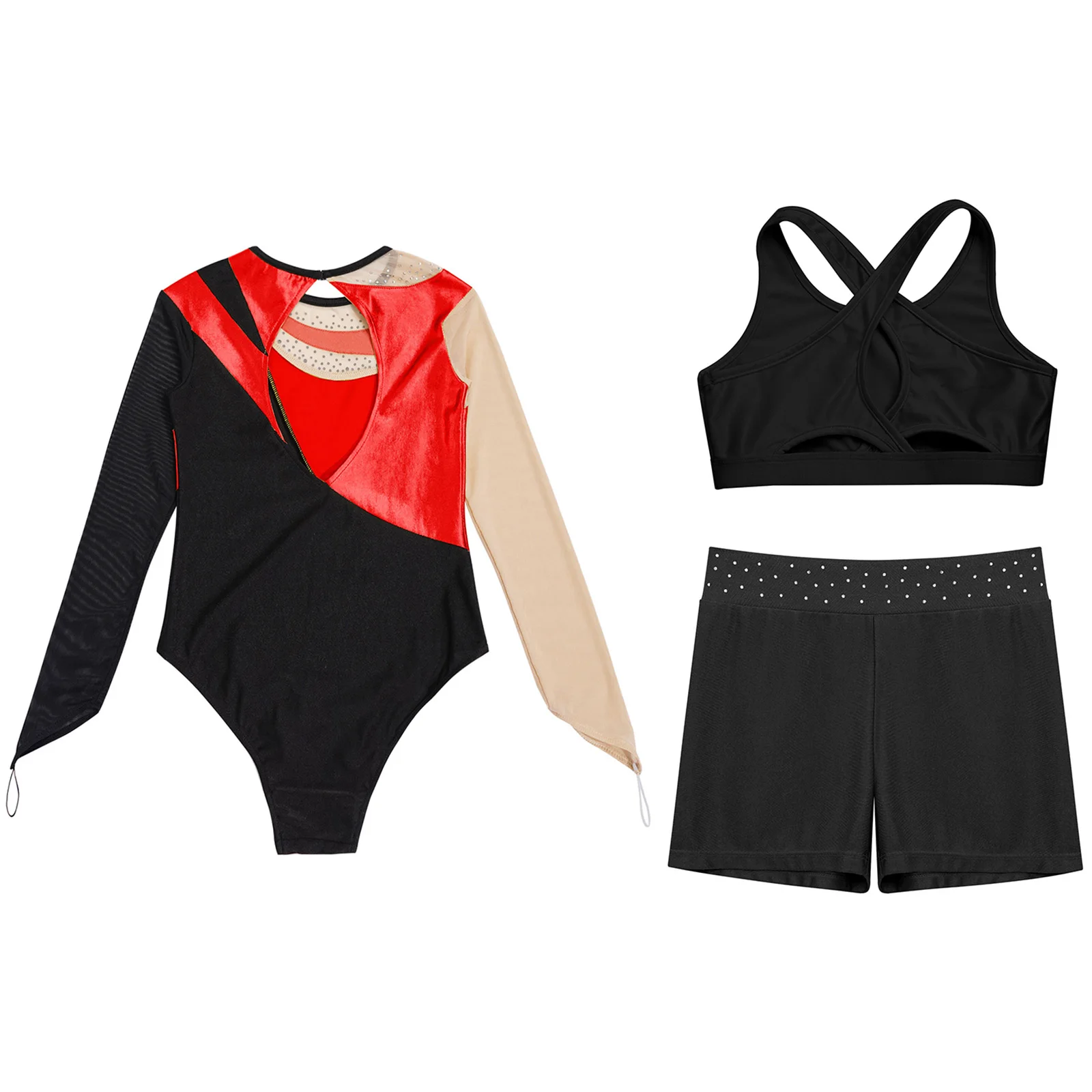 Kids Girls Gymnastics Ballet Outfit Mesh Long Sleeve Contrast Color Metallic Leotard with Cross Back Vest And Waistband Shorts