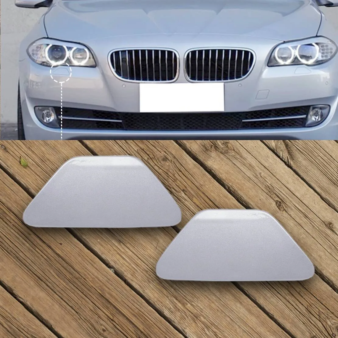 2-個のチタンシルバーフロントヘッドライトウォッシャージェットノズルカバーキャップ--bmw-5シリーズ-f10-f11-528ix-535ix-550i-2011-2013年式対応