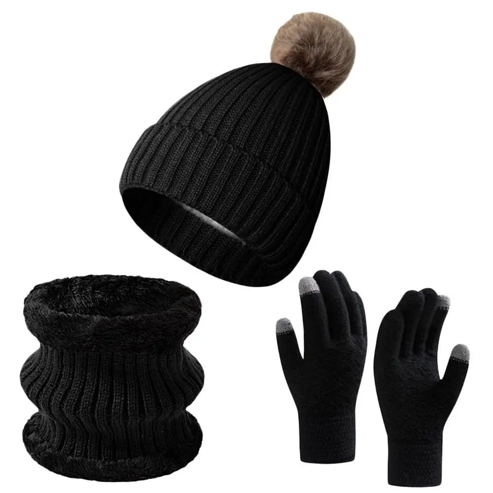 3Pcs/Set Warm Winter Hat Scarf Gloves Set Lining Windproof Knit Beanie Snood Set Soft Elastic Touchscreen Gloves for Men Women