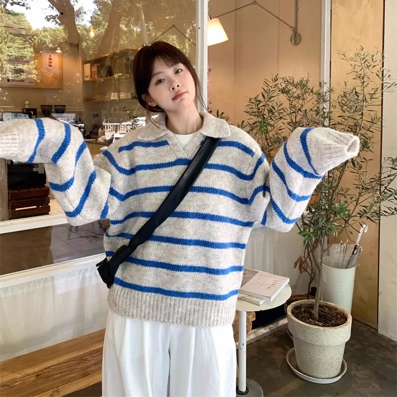 

Вязаный женский свитер свободного кроя с длинными рукавами, V-образным вырезом, в полоску, повседневный, модный, удобный, теплый, осенне-зимний топ