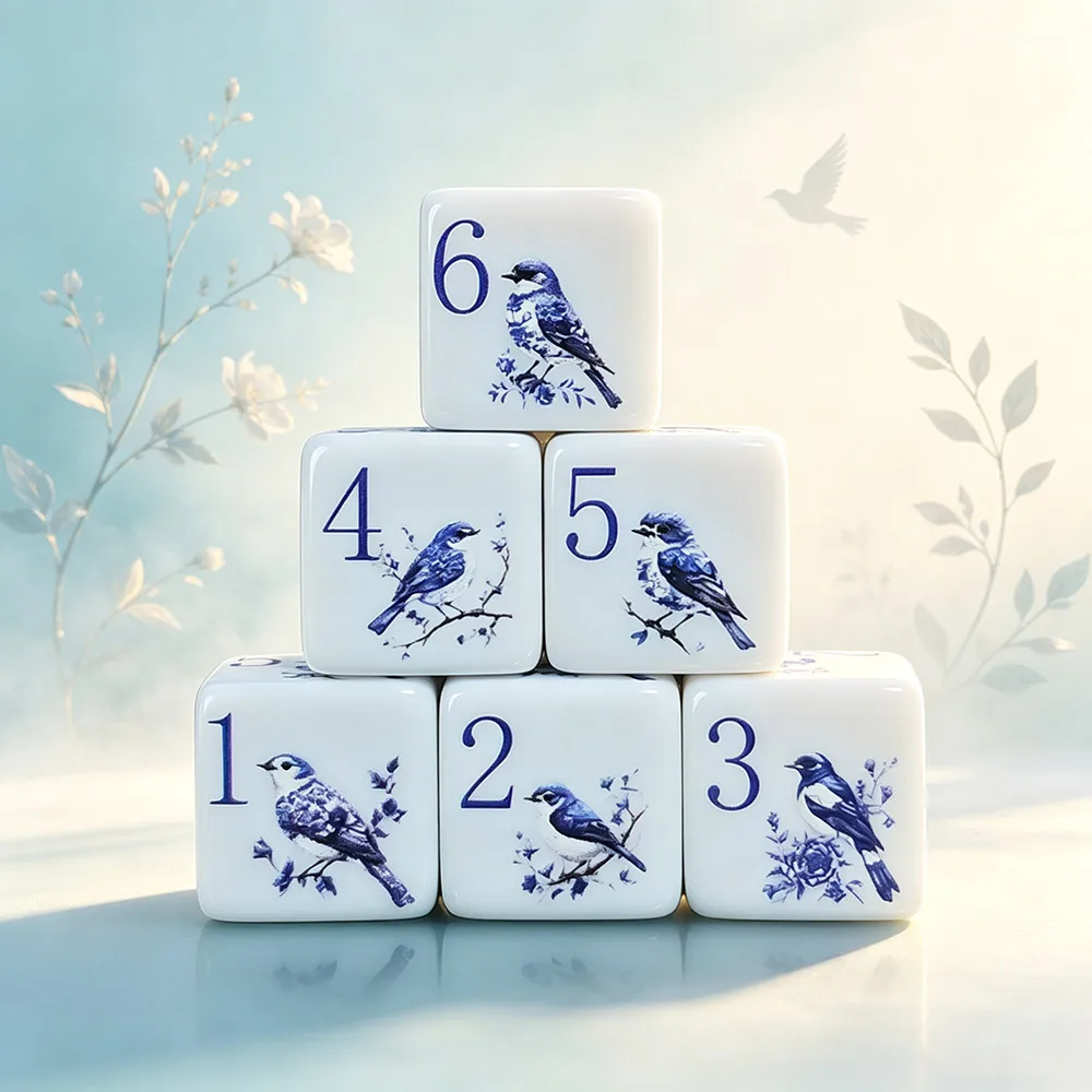 12Pcs 16MM D6 Printed Acrylic Blue White Porcelain Bird Pattern Dice 1-6 Number Square Dice Tabletop Board Game Supply For Party