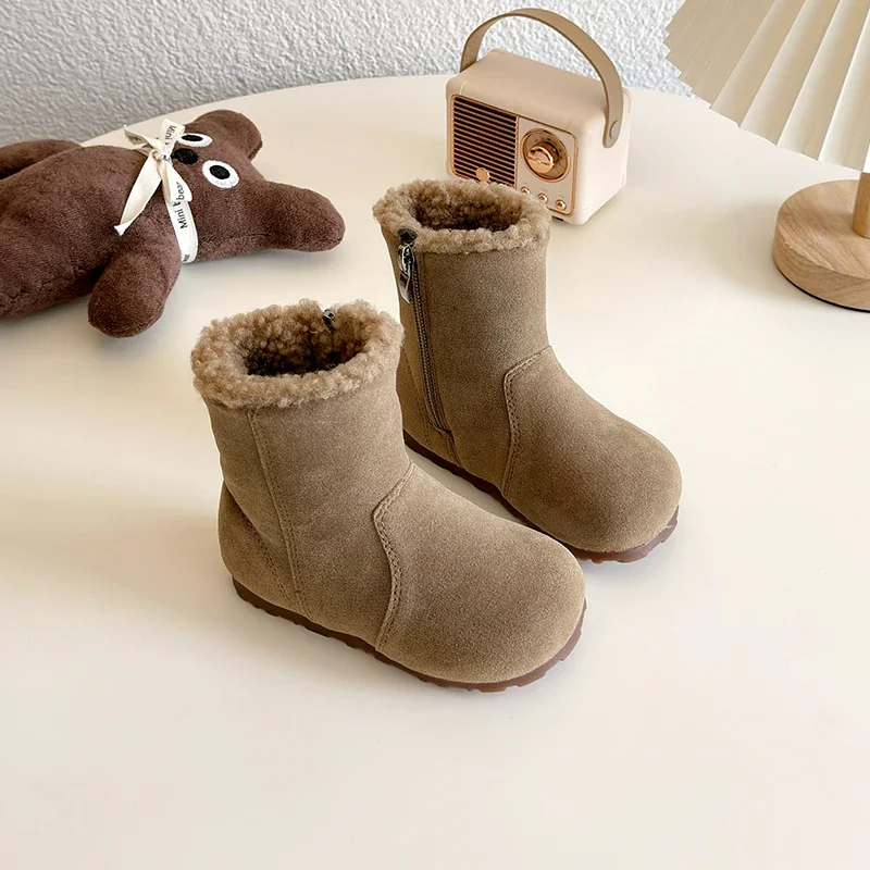 Cosy Lambswool Boots Kids Warm Plush Pull-on Flat Booties Boys Girls Winter Round Toe Anti-slip Fluffy Snow Botas