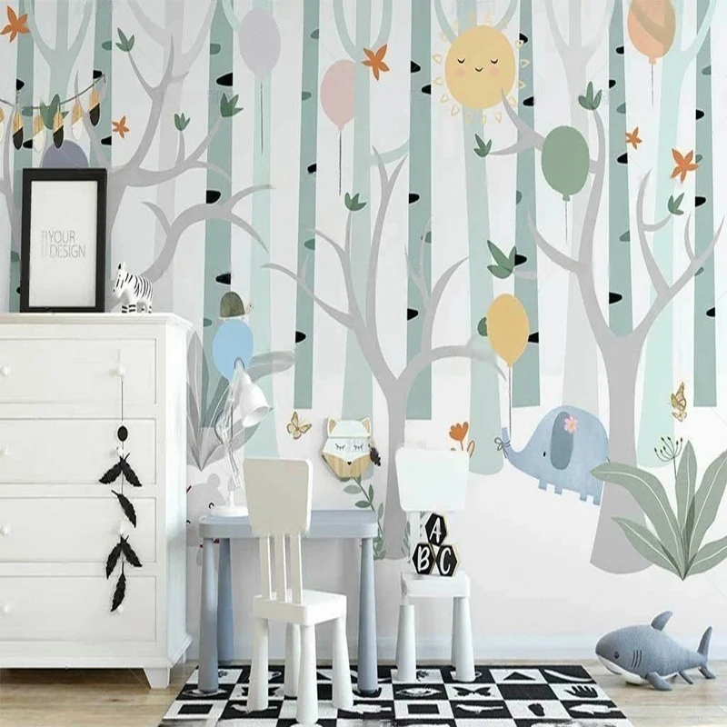 MU8750 Nordic Instagram hand-drawn cartoon forest colorful balloons forest animals  children's room interior background wall