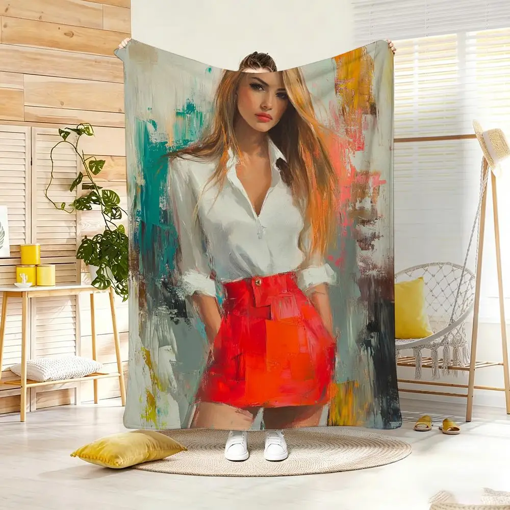 Painting Beauty oil art Throw Lightweight  Flannel Blanket Soft Skin-friendly for Summer Cooling