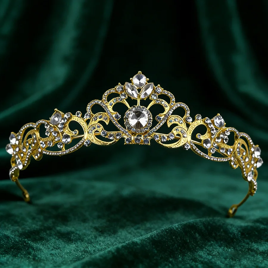 Vintage palace-style hollowed-out rhinestone alloy crown headwear, fully adorned with sparkling crystal accessories image 3