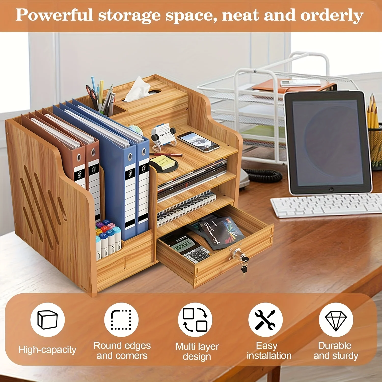 منظم سطح المكتب الخشبي صندوق تخزين مكتبي لوازم مكتبية حامل ملفات قابل للتكديس مع فتحة قلم مفتاح هوك منظم قرطاسية
