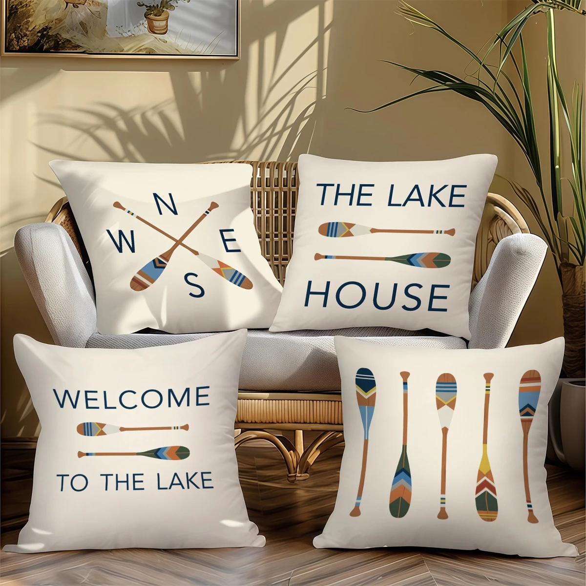 4pc Lake House Paddle Throw Pillow Covers Nautical Welcome Decorative Cushion Cases for Lake Home Living Room Bedroom