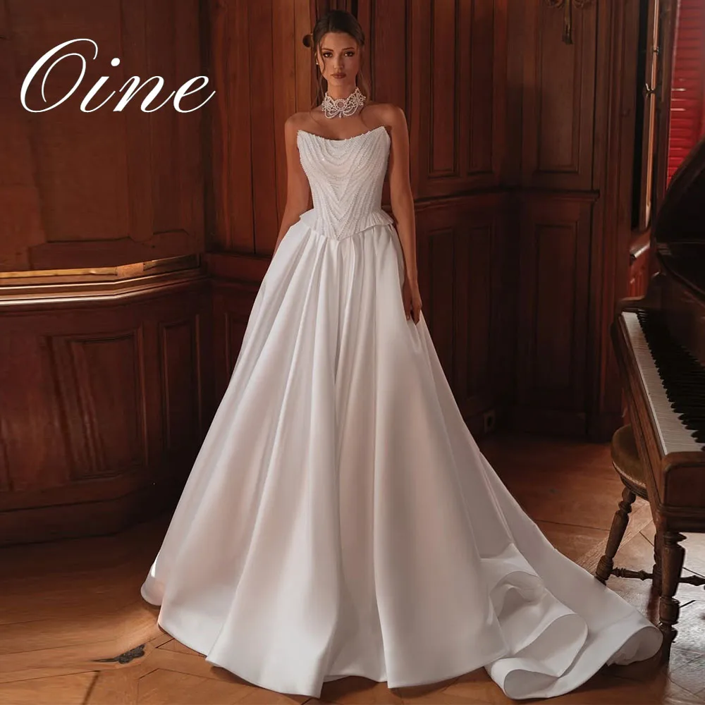 Oine Strapless A-Line with Pearls Elegant Scarf Princess Wedding Dresses Sweep Train Bridal Gown vestidos de noche Customized