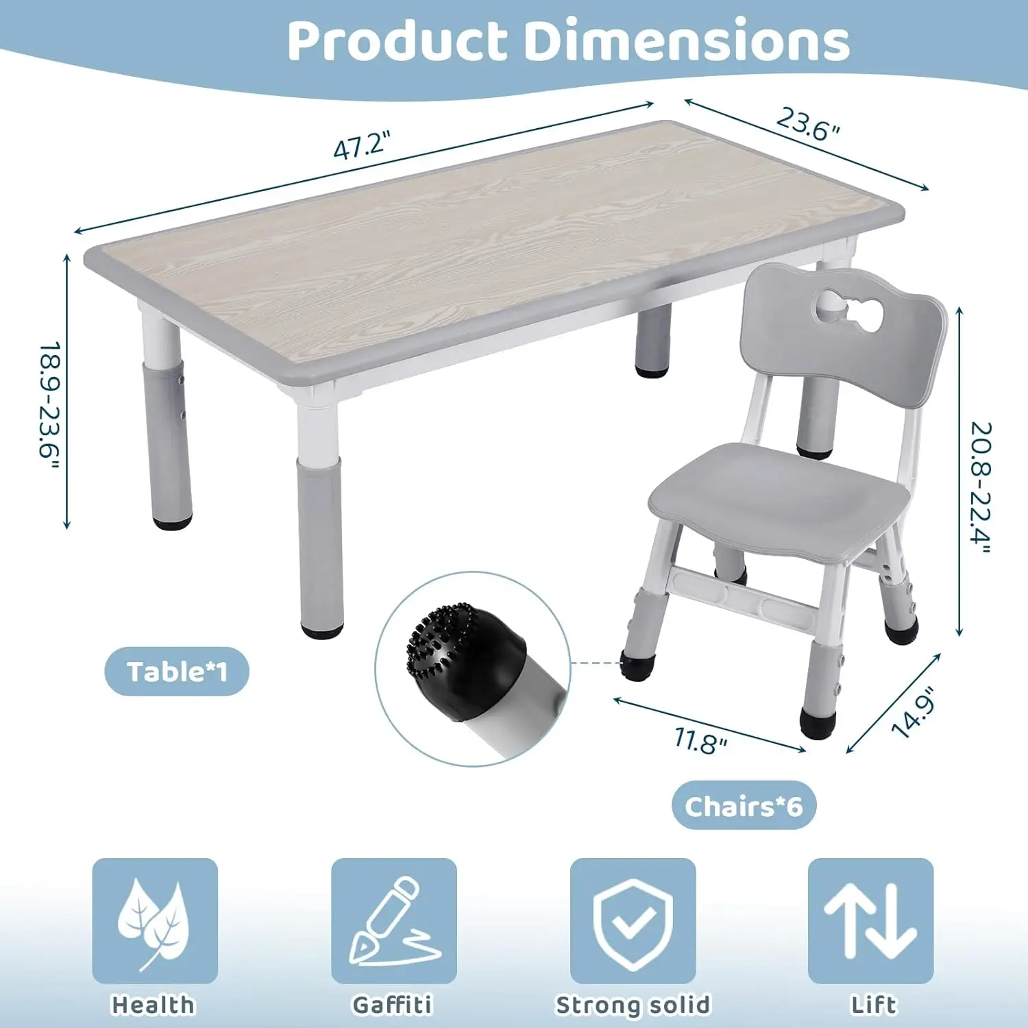 Kids Study Table and 6 Chairs Set, Height Adjustable Graffiti Table, Preschool Activity Art Craft Table for 6,