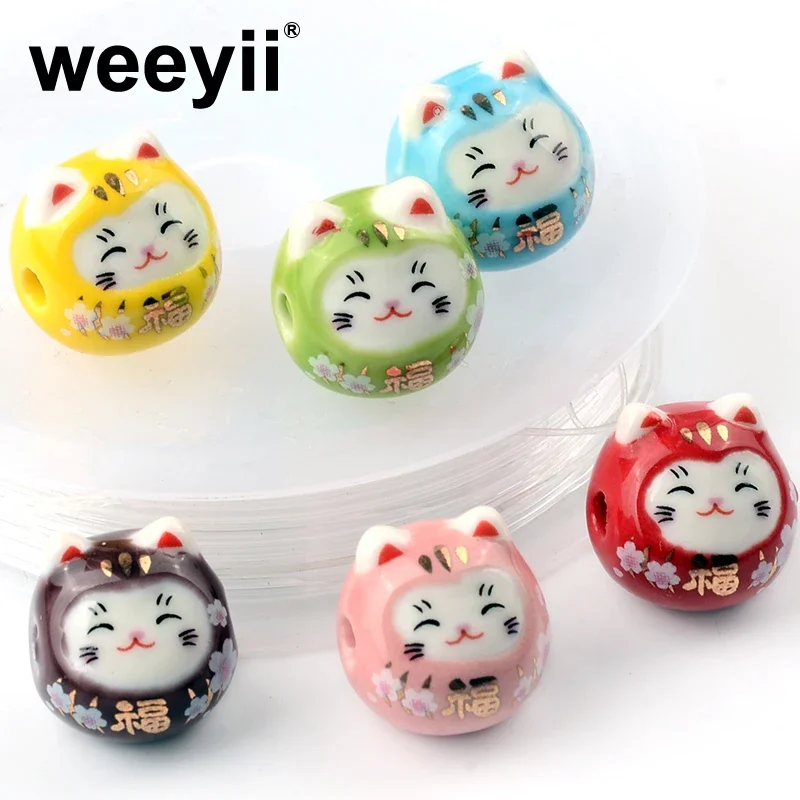 5Pcs 13x15mm Cross Hole Round Shape Blessing Cat Ceramic Beads Colorful Handmade Porcelain Beads for Jewelry Making Bracelet DIY