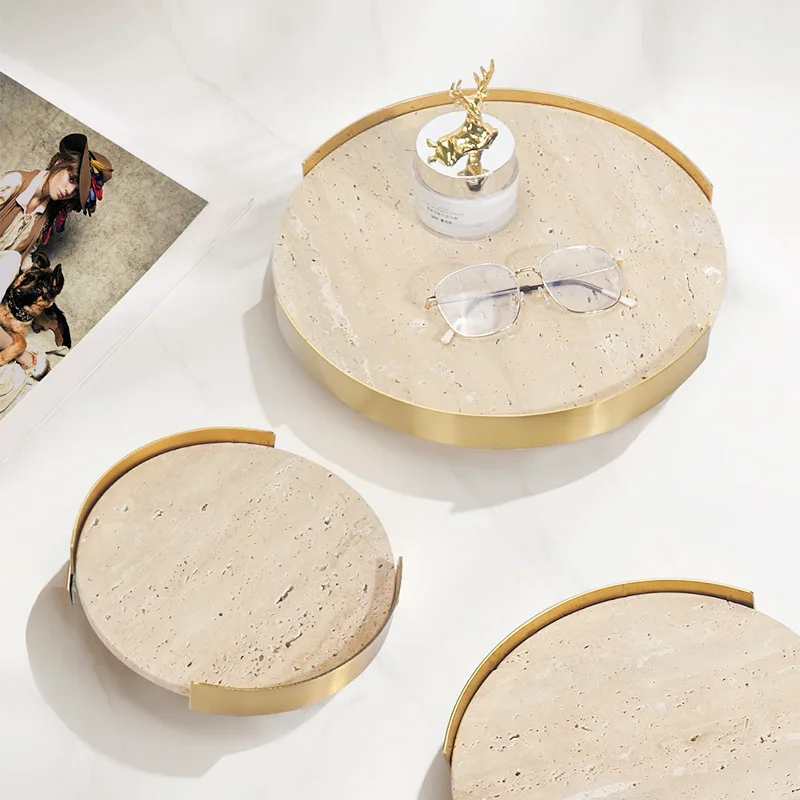 Round Beige Brown Travertine Plate Hotel Classical Service Tray Jewelry Storage Jewellery Display Marble Tray with Metal Frame