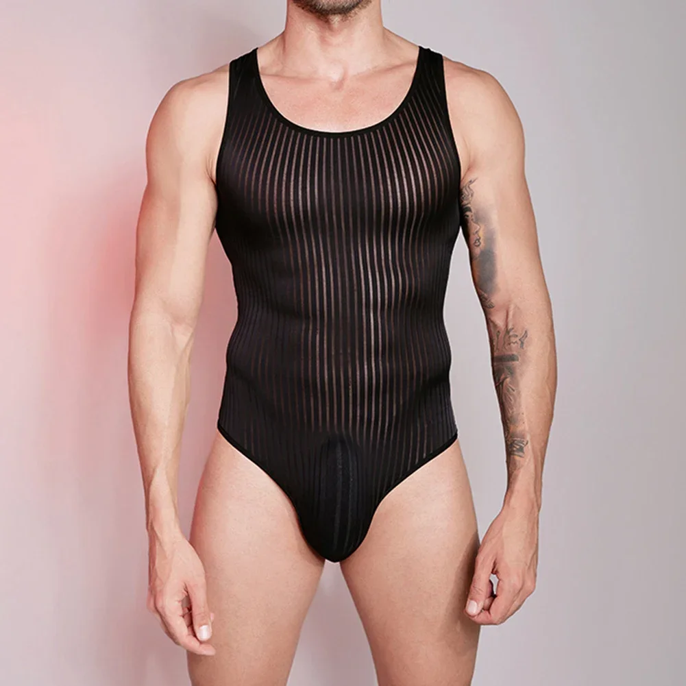 Sexy Men Thin Mesh Striped Bodysuit Sleeveless High Cut Leotard Elasticity See Through Jumpsuit Swimsuit Solid Color Lingerie