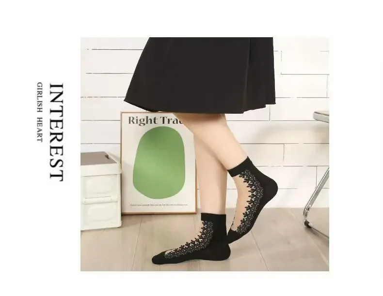 5 Paar Damen-Socken mit Spitze, mittellang, mit Kristallen, Retro-Blumenmuster, für den Sommer, leicht, verschleißfest, atmungsaktiv, Freizeitsocken – Detail 5