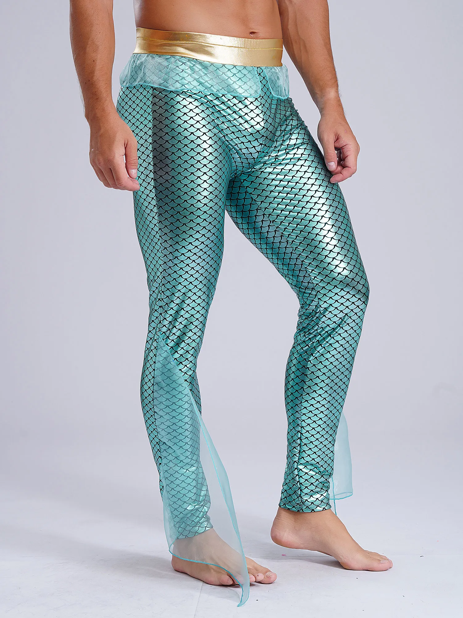 Heren Zeemeermin Cosplay Koning Van De Zeeën Kostuum Elastische Taille Metallic Glanzende Fishscale Print Panty Leggings Broek Voor Halloween