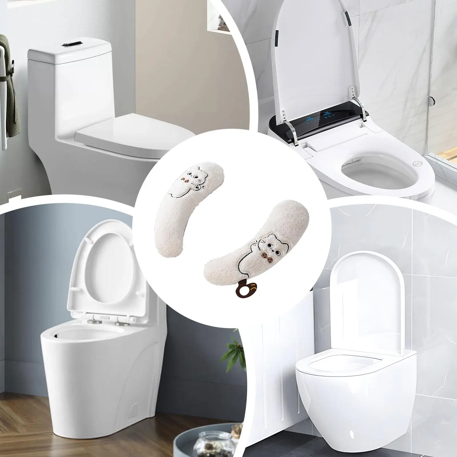 Toilet Seat Cover 1-Pair Adhesive Washable Soft Plush Bathroom Toilet Seat Warmer Pads For Winter Cold Weather Home RV Travel